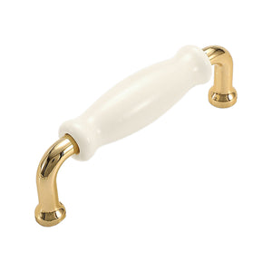 Gold-tone curved bar pull with a white ceramic grip and round post mounts, option No. 6, 96 mm.