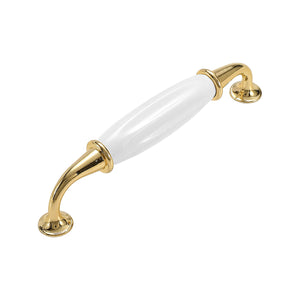 Gold-tone bar pull with a white ceramic center and round mounting plates, option No. 2, 128 mm.