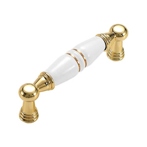 Gold-tone bar pull with a white ceramic grip, gold bands and round post mounts, option No. 4, 96 mm.
