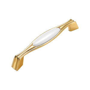 Gold-tone bar pull with a white oval ceramic inset and squared ends, option No. 5, 128 mm.