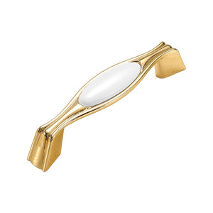 Gold-tone bar pull with a white oval ceramic inset and squared ends, option No. 5, 96 mm.