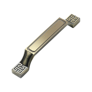 Bar pull with square Greek-key end caps and a recessed center panel, variant #19, 128 mm.