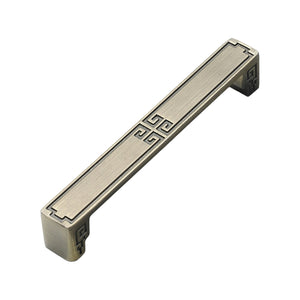 Straight bar pull with a rectangular face and central Greek-key motif, variant #21, 128 mm.