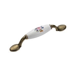 Bar pull with a white floral-print grip and bronze-tone oval end mounts, option #5, 96 mm.