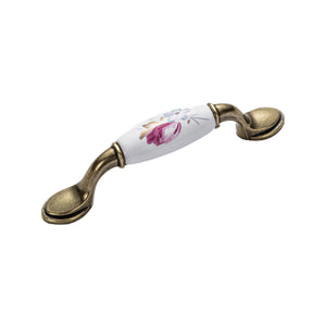 Bar pull with a white floral center and oval end plates, variant #3, 96 mm.