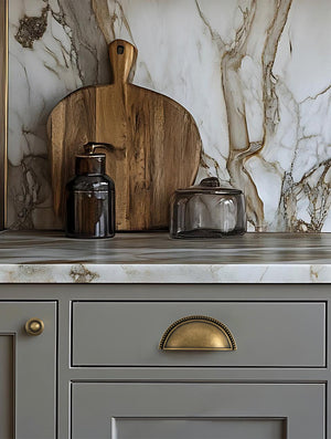 Solid brass beaded-rim half-moon cup pull in Antique Brass on a gray kitchen drawer.