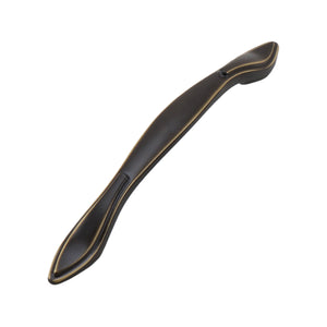 Antique bronze-tone curved bridge pull with smooth leaf-shaped ends, 128 mm, option No. 4.