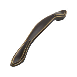 Antique bronze-tone curved bridge pull with smooth leaf-shaped ends, 96 mm, option No. 4.