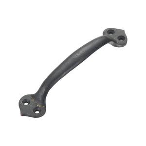 Black arched bridge pull with round perforated mounting plates, 115 mm.