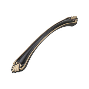 Black curved bridge pull with gold-tone leaf-shaped ends, option No. 1, 128 mm.