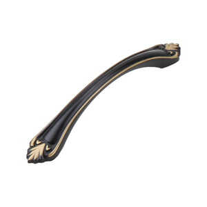 Black curved bridge pull with gold-tone leaf-shaped ends, option No. 1, 96 mm.