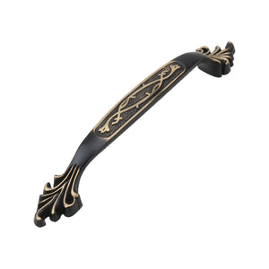Black curved bridge pull with gold-tone floral engraving and ornate ends, option No. 2, 128 mm.