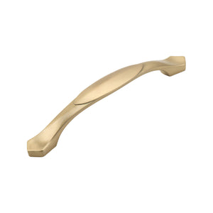 Brass-tone curved bridge pull with a broad oval grip and flared ends, 128 mm, option No. 10.