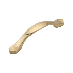 Brass-tone curved bridge pull with a broad oval grip and flared ends, 96 mm, option No. 10.