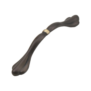 Coffee brown curved bridge pull with leaf-shaped ends and a center collar, option No. 2, 96 mm.