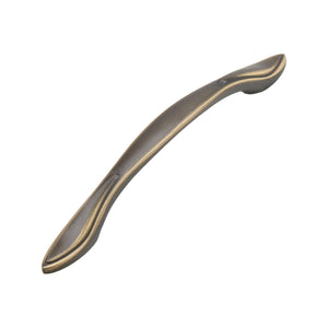 Coffee brown arched bridge pull with gold-tone edging and swept ends, option No. 1, 128 mm.