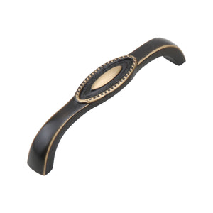 Dark antique-tone arched bridge pull with an oval gold-tone center detail, 96 mm, option No. 9.