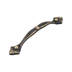 Dark antique-tone arched bridge pull with an oval center detail and floral ends, 128 mm, option No. 14.
