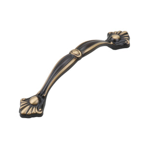 Dark antique-tone arched bridge pull with an oval center detail and floral ends, 96 mm, option No. 14.