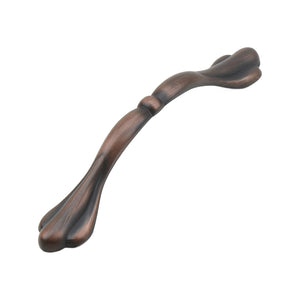 Red bronze-tone curved bridge pull with leaf-shaped ends and a center collar, option No. 2, 96 mm.