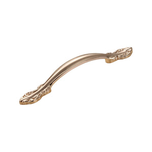 Rose gold-tone arched bridge pull with decorated leaf-shaped ends, option No. 4, 96 mm.