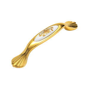 Gold-tone bridge pull with a white floral inset and fan-shaped ends, option #5, 128 mm.
