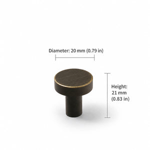Measurements for bronze-finish solid brass round cabinet knob, style #1 (20 mm).