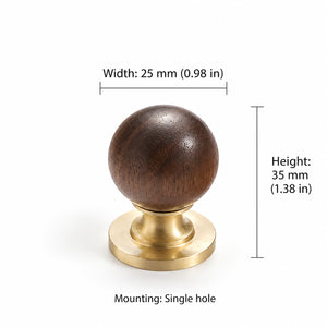 Measurements for dark wood ball cabinet knob on a brass pedestal, style #1 (25 mm).