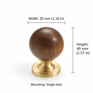 Measurements for dark wood ball cabinet knob on a brass pedestal, style #1 (30 mm).