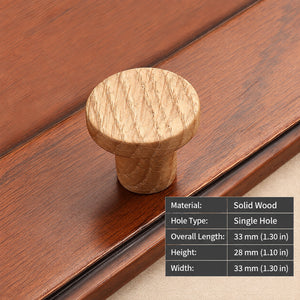Measurements for flat round white oak cabinet knob, style #1 (33 mm).