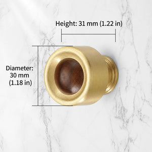 Measurements for brass cup cabinet knob with a dark wood ball inset, style #1.