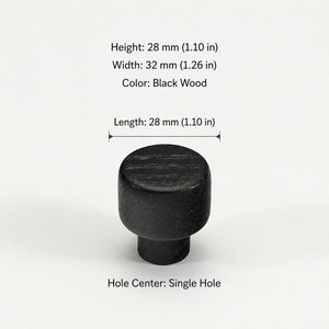 Dimensions of round black-finish oak wood cabinet knob, style #1.