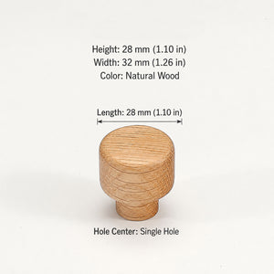 Dimensions of round oak wood cabinet knob, style #1.
