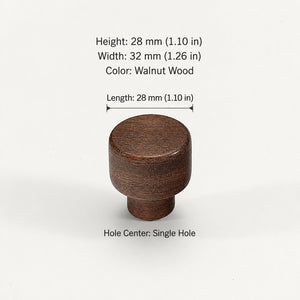 Dimensions of round walnut wood cabinet knob, style #1.