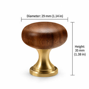 Measurements for dark wood mushroom cabinet knob on a brass pedestal, style #1.