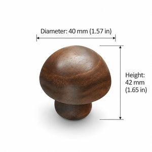 Measurements and mounting details for rounded walnut wood cabinet knob, style #1 (40 mm diameter).
