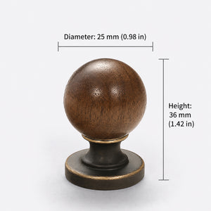 Measurements for dark wood ball cabinet knob with antique bronze brass base, style #10 (25 mm).