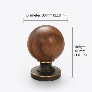 Measurements for dark wood ball cabinet knob with antique bronze brass base, style #10 (30 mm).