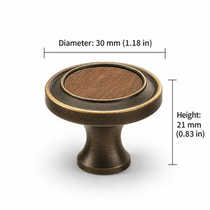 Measurements for flared antique bronze brass cabinet knob with round dark wood inset, style #13.
