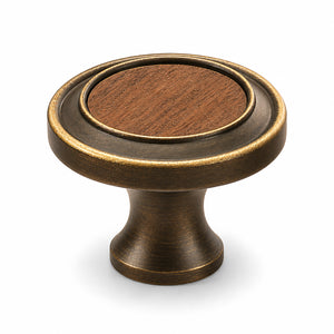 Flared antique bronze brass cabinet knob with round dark wood inset, style #13.