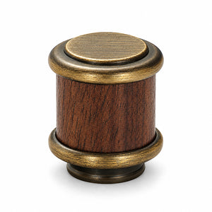 Cylindrical dark wood cabinet knob with antique bronze brass base and cap, style #14.