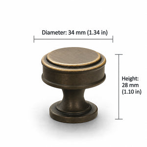 Measurements for tiered round antique bronze brass cabinet knob, style #15.