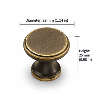 Measurements for flat round antique bronze brass cabinet knob, style #16.