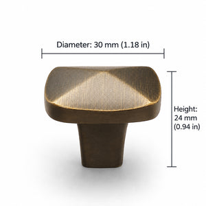 Measurements for softly squared antique bronze brass cabinet knob, style #17.