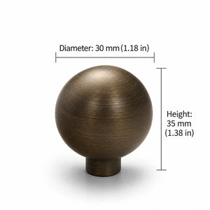 Measurements for bronze-finish solid brass round cabinet knob, style #2 (30 mm).