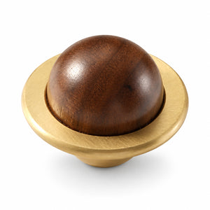 Side and mounting view of brass half-dome cabinet knob with a dark wood inset, style #2.