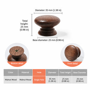 Measurements for turned walnut wood cabinet knob with a stepped round base, style #2.