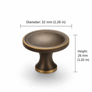 Measurements for shallow cupped antique bronze brass cabinet knob, style #20.
