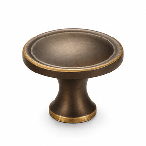 Shallow cupped antique bronze brass cabinet knob, style #20.