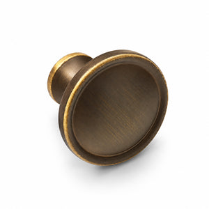 Side and mounting view of shallow cupped antique bronze brass cabinet knob, style #20.